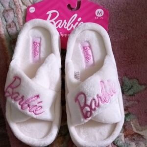 Barbie Plush White Slippers with Pink Logo Size M, 6.5-7.5 Made With Memory Foam